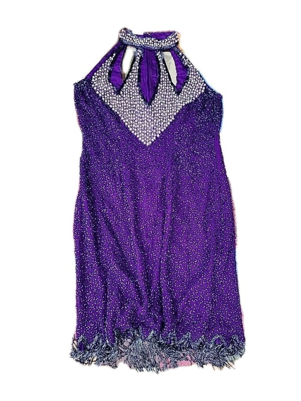 VTG Royal Purple Heavily Beaded Flapper Fringe Lined High Neck Dress Sz XL *READ